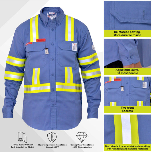 Small FR Shirt for Men Cat-2 Flame Resistant Shirt with High Visibility Reflective Tapes ATPV 8.7 Cal NFPA 70E Compliant