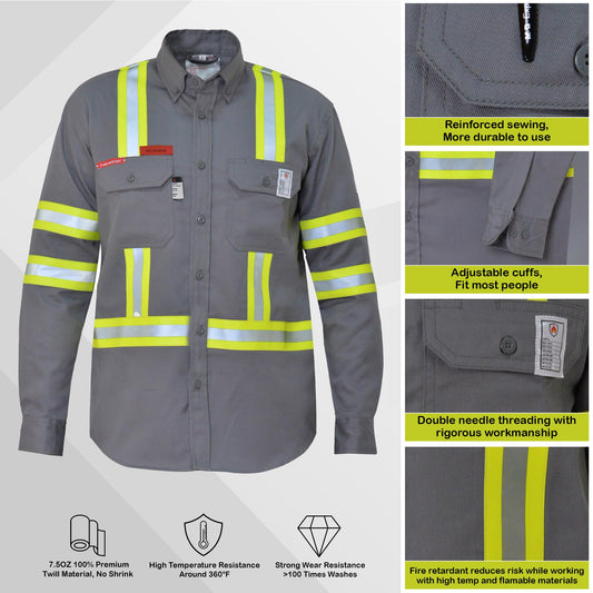 Small FR Shirt for Men Cat-2 Flame Resistant Shirt with High Visibility Reflective Tapes ATPV 8.7 Cal NFPA 70E Compliant