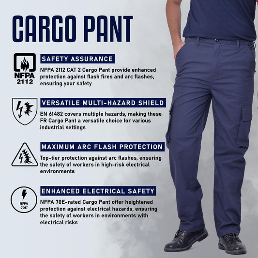 FR Pants for Men Cargo Flame Resistant Pants for Men Navy Blue Color 6 Pockets ATPV 8.7 Cal/cm² CAT 2 FR Cargo Pants (US, Waist, 42, Regular, Navy Blue)