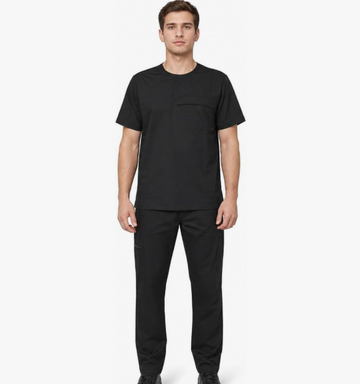 Black Medical Scrubs for Men — Round Neck Top & Cargo Pants