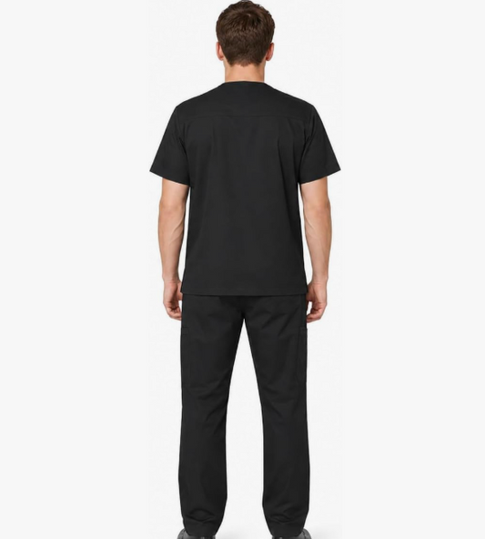 Black Medical Scrubs for Men — Round Neck Top & Cargo Pants