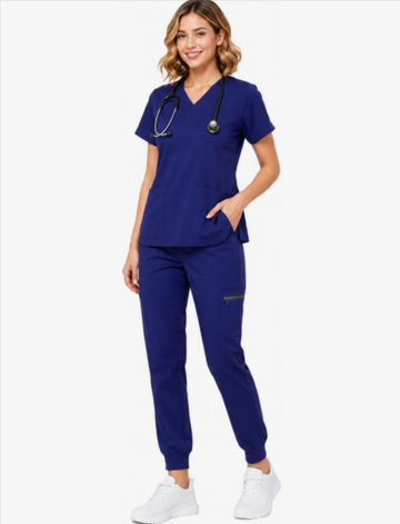 Navy Blue Scrubs for Women Set — V-Neck Top & Cargo Pants